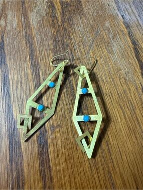 Gold-Tone Geometric Drop Earrings with Turquoise Accents